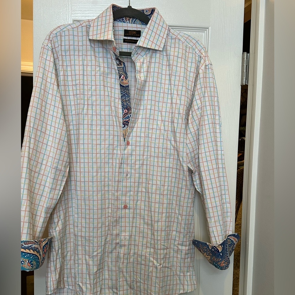 Steven Land Mens Long Sleeve Button Up Blue Peach Yellow White